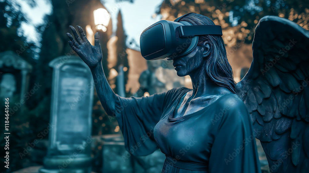 Fototapeta premium The scary angel of death wearing a VR headset and interacting with virtual reality in a graveyard at night times 