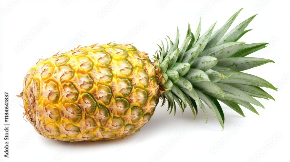 A single ripe pineapple with its crown intact, displayed upright on a white background A single ripe pineapple with its crown intact, displayed upright on a white background
