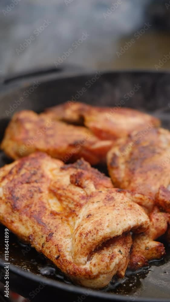 Vertical video of process cooking chicken fillet in frying pan near clear river at spring nature. Golden crust of baked chicken breast, healthy food. Frying chicken outdoors concept Vertical video of process cooking chicken fillet in frying pan near clear river at spring nature. Golden crust of baked chicken breast, healthy food. Frying chicken outdoors concept
