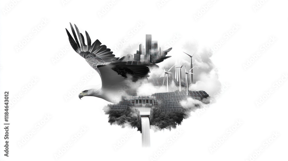 Naklejka premium Eagle soaring over sustainable cityscape urban environment digital art natural and human integration
