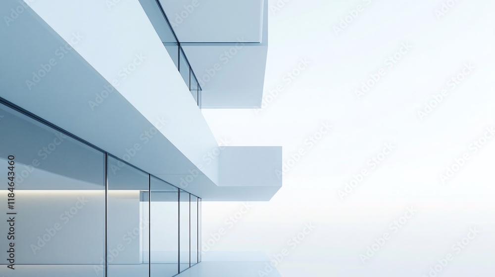 Modern minimalist white building exterior with glass windows and balconies. Modern minimalist white building exterior with glass windows and balconies.