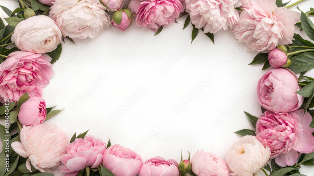 Pink peony wreath frame with fresh green leaves Pink peony wreath frame with fresh green leaves