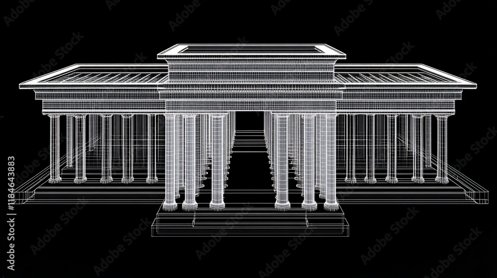 Obraz premium Wireframe model of classical building with columns and a flat roof.