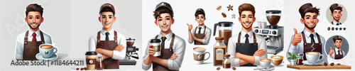 set of handsome coffee barista vector characters