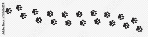 Paw vector foot trail print . Dog, puppy, cat, bear, wolf silhouette animal. Paw print trail on transparent background. Vector illustration. EPS10.