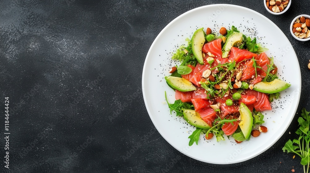 Fresh and Colorful Salad with Avocado, Salmon, and Nuts on Plate Fresh and Colorful Salad with Avocado, Salmon, and Nuts on Plate