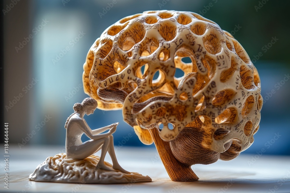Fototapeta premium Figurative sculpture; woman reading under brain-shaped tree.