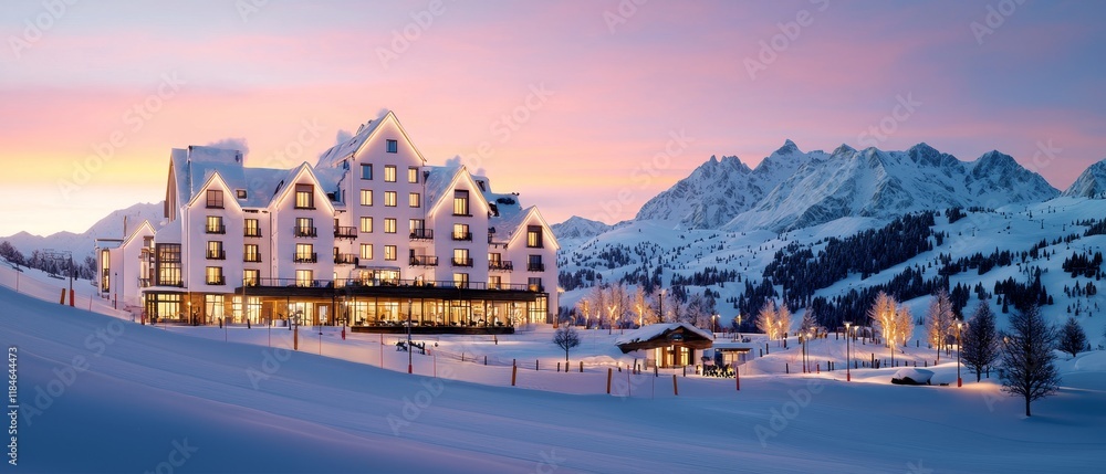 Fototapeta premium Luxurious Mountain Hotel at Sunset Snow Covered Slopes Winter Resort