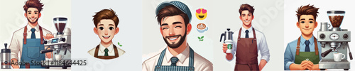 set of handsome coffee barista vector characters