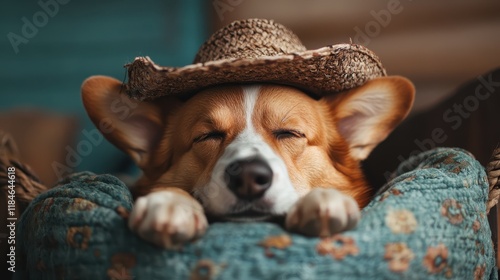 A cute, relaxed corgi dog wearing a straw hat peacefully naps, embodying the essence of comfort and leisure in a cozy setting. Perfect for pet lovers and relaxation themes. photo