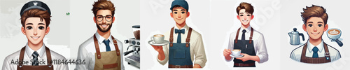 set of handsome coffee barista vector characters