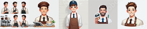set of handsome coffee barista vector characters