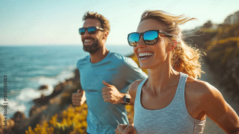 Naklejka premium Energetic young couple running along scenic coastal path with ocean views and sunny skies, embracing outdoor fitness and wellness adventure