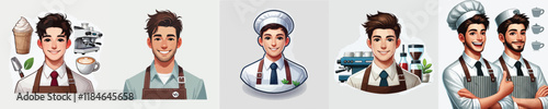set of handsome coffee barista vector characters
