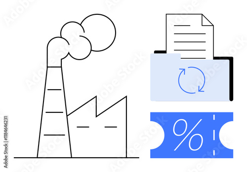 Factory with smokestack emitting smoke, document in a folder representing data management, blue percentage ticket. Ideal for industry, pollution, data management, efficiency, finance, business