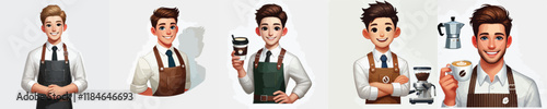 set of handsome coffee barista vector characters