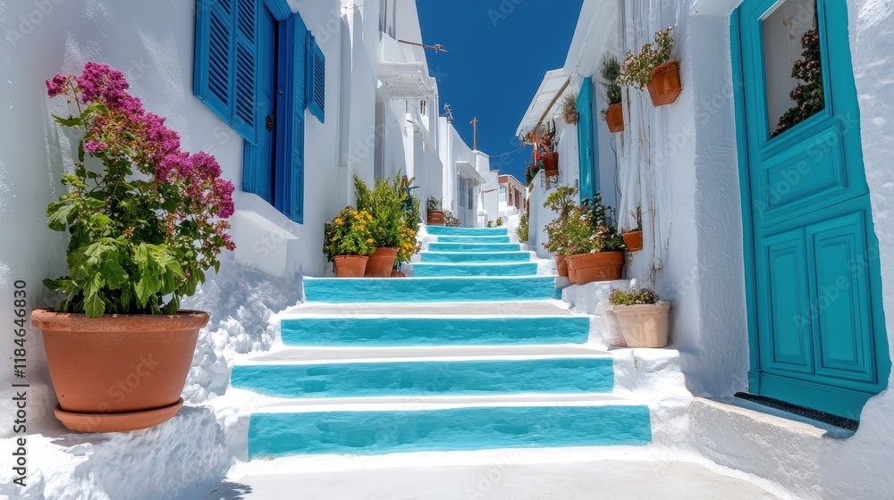 Naklejka premium A narrow alleyway showcases steps painted in turquoise, bordered by flourishing plants, inviting visitors to explore the charming whitewashed village under the sunny sky.