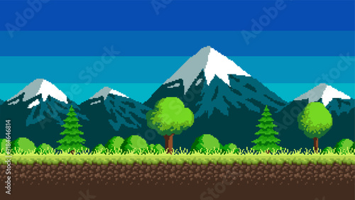 Pixel art seamless background. With mountains, grass and clouds. A landscape for a game or program. Vector eps 10.