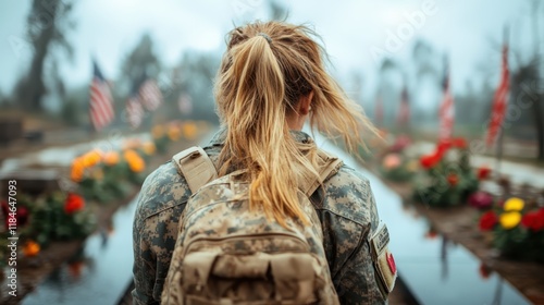 A soldier stands solemnly at a memorial site, surrounded by flowers and flags, paying tribute to fallen comrades while embodying courage and grief in a poignant moment of remembrance. photo