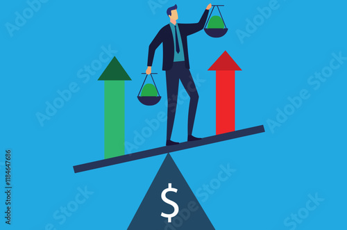 Man juggles investment gains and losses on a seesaw, symbolizing the volatile nature of the stock market. Ideal for financial concepts, business, and risk management.