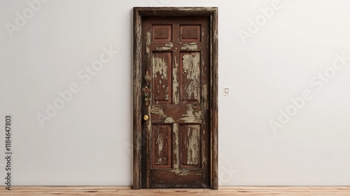 Fototapeta Naklejka Na Ścianę i Meble -  Old, weathered wooden door with peeling paint on a white wall.