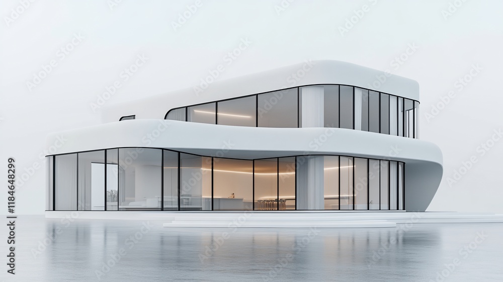 Modern white curved house reflecting on water. Modern white curved house reflecting on water.