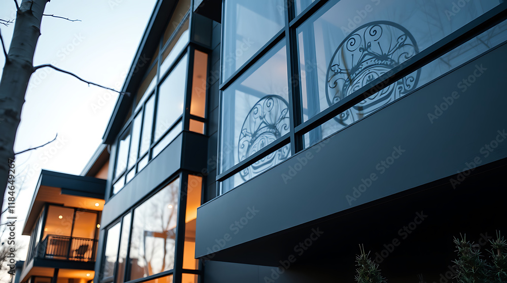 Fototapeta premium Modern Building Exterior with Large Windows and Exterior Lighting