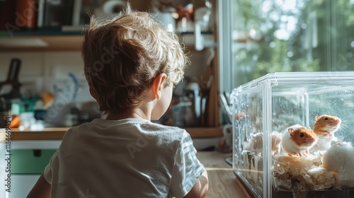 A young child observes two hamsters in a transparent habitat, demonstrating curiosity and wonder about these small creatures, displaying an enchanting moment of childhood discovery. photo