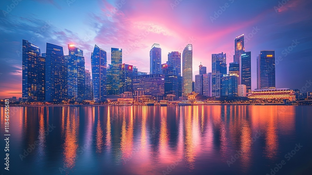 Fototapeta premium Glistening city skyline at twilight, with reflections in a calm river, captivating and dynamic 