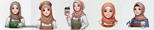 collection of beautiful coffee barista vector characters wearing a hijab smiling