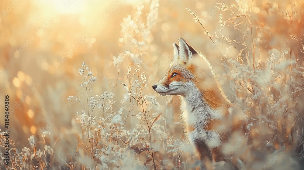 Fototapeta premium Fox peeking through tall grass meadow nature photography evening light side view wildlife observation