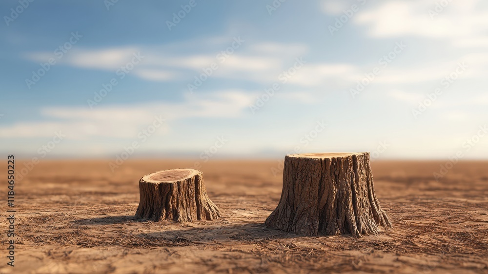 Two tree stumps stand on dry, cracked earth under a clear sky, symbolizing deforestation and environmental degradation. Two tree stumps stand on dry, cracked earth under a clear sky, symbolizing deforestation and environmental degradation.