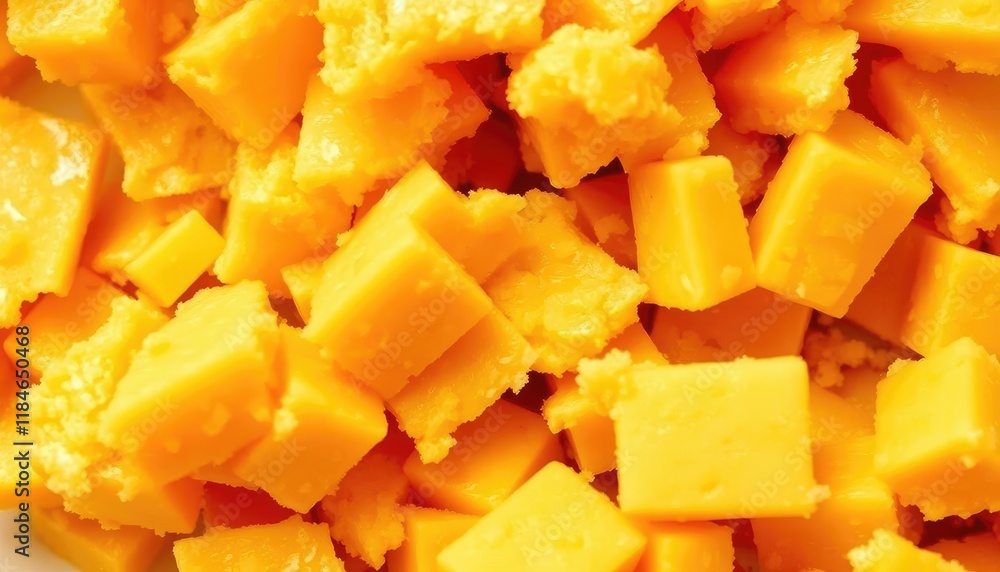 Close up of cubed cheese vibrant orange hue texture and detail Close up of cubed cheese vibrant orange hue texture and detail