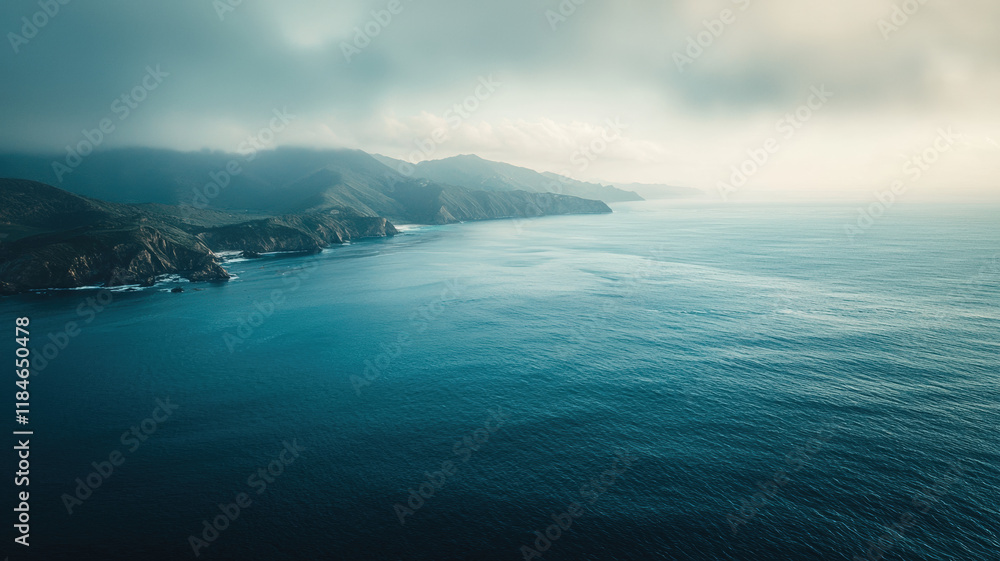 Peaceful coastal seascape with calm ocean, misty mountains, and soft cloudy horizon at sunrise Peaceful coastal seascape with calm ocean, misty mountains, and soft cloudy horizon at sunrise