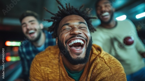 A lively scene of men sharing laughter and joy at a bowling alley, illustrating camaraderie and the fun that comes with engaging in sports and games together. photo