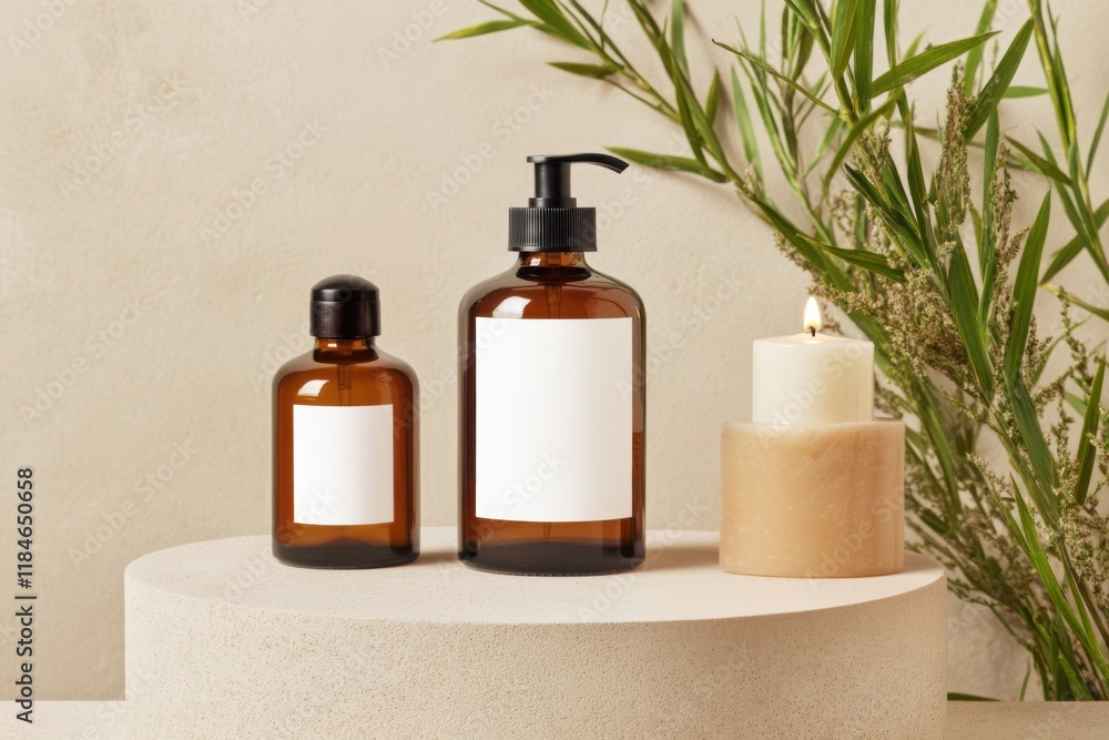 Elegant display of amber glass bottles and candles on neutral background with greenery in serene setting Elegant display of amber glass bottles and candles on neutral background with greenery in serene setting