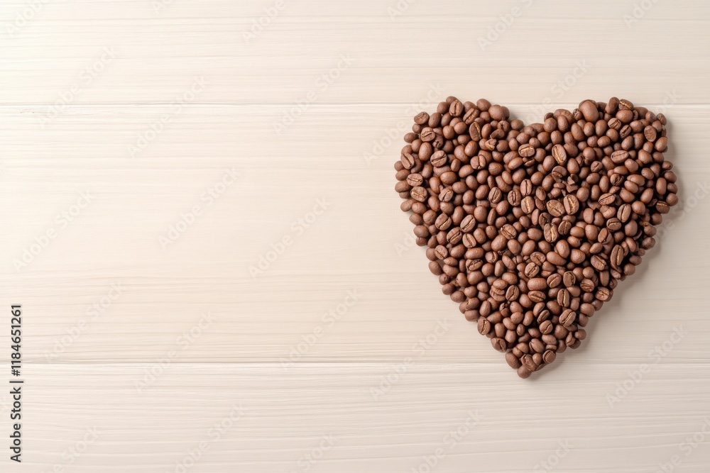 Heart shaped coffee bean arrangement on rustic wooden table with cream background Heart shaped coffee bean arrangement on rustic wooden table with cream background