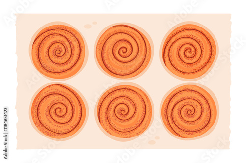 Cinnamon buns on parchment vector illustration. Set of buns with cinnamon on paper with torn edges