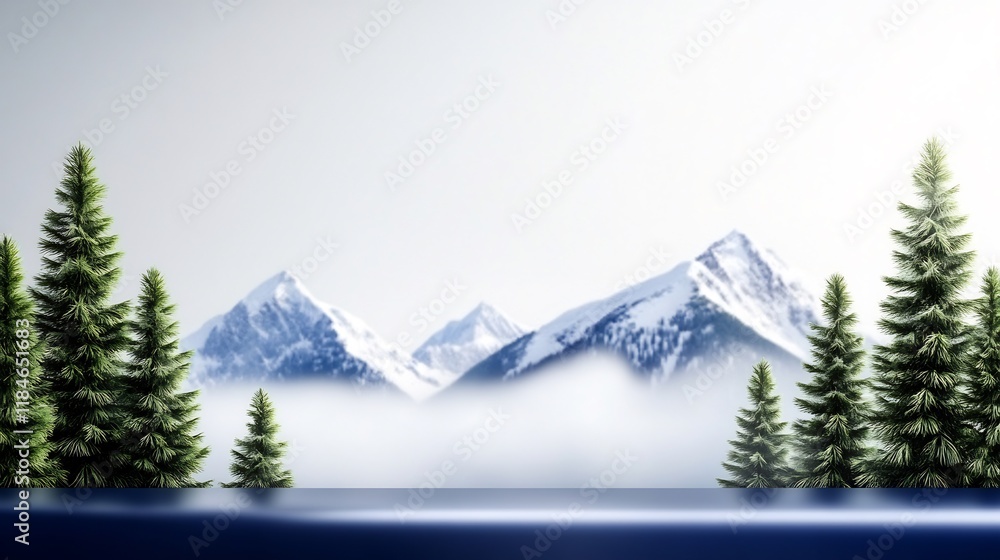 Obraz premium Serene Winter Landscape: Digitally Painted Mountain Vista with Evergreens. AI Generated