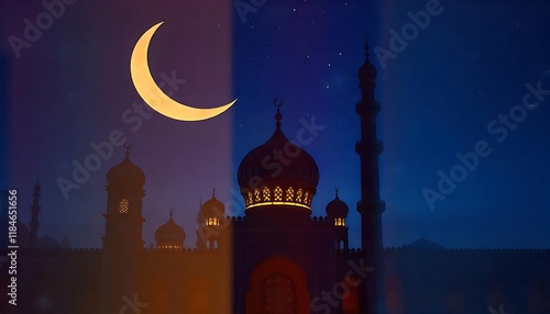 mosque in night, Mosque Silhouette Against a Vibrant moon, photo