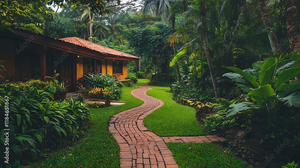 Winding brick path leads to a tropical bungalow nestled in lush greenery. Winding brick path leads to a tropical bungalow nestled in lush greenery.