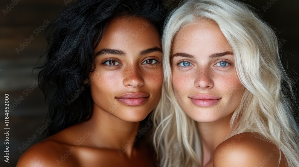 An intimate portrait of two friends with varying hair textures, radiating joy as they share a moment together, highlighting the beauty of human connection and friendship. An intimate portrait of two friends with varying hair textures, radiating joy as they share a moment together, highlighting the beauty of human connection and friendship.