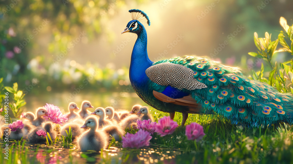 A majestic peacock stands near a group of ducklings amidst a green field filled with vibrant flowers A majestic peacock stands near a group of ducklings amidst a green field filled with vibrant flowers