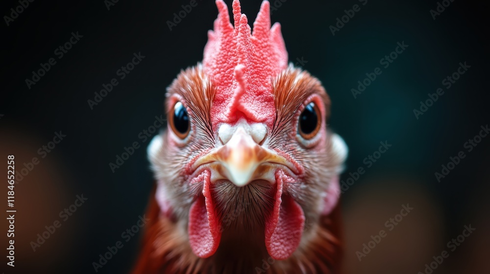 This striking close-up captures the intense gaze of a chicken, highlighting its intricate features and distinct personality, evoking a sense of curiosity and engagement. This striking close-up captures the intense gaze of a chicken, highlighting its intricate features and distinct personality, evoking a sense of curiosity and engagement.