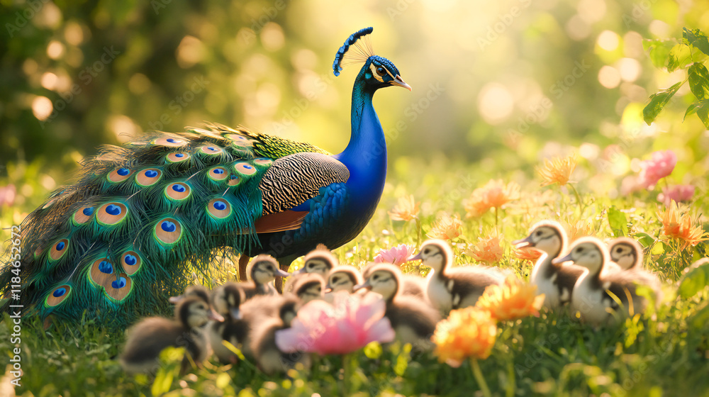 A majestic peacock stands near a group of ducklings amidst a green field filled with vibrant flowers A majestic peacock stands near a group of ducklings amidst a green field filled with vibrant flowers