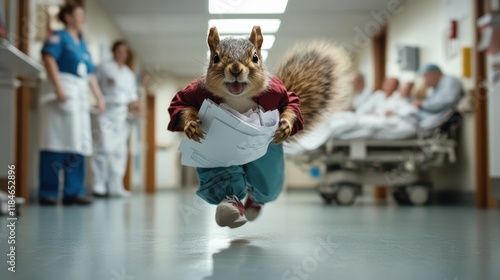 A lively squirrel dressed in scrubs dashes through a hospital corridor, adding a whimsical touch to the serious environment of healthcare and urgency.