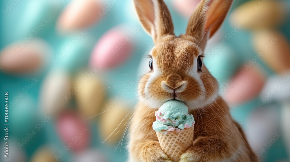 A cute bunny joyfully holds an ice cream cone, surrounded by pastel-colored eggs, depicting a delightful moment of sweetness and playfulness, perfect for Easter themes.