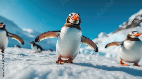 A cheerful group of penguins waddling across a snowy landscape under a clear blue sky, symbolizing the beauty of wildlife and the harsh yet captivating polar environment. photo