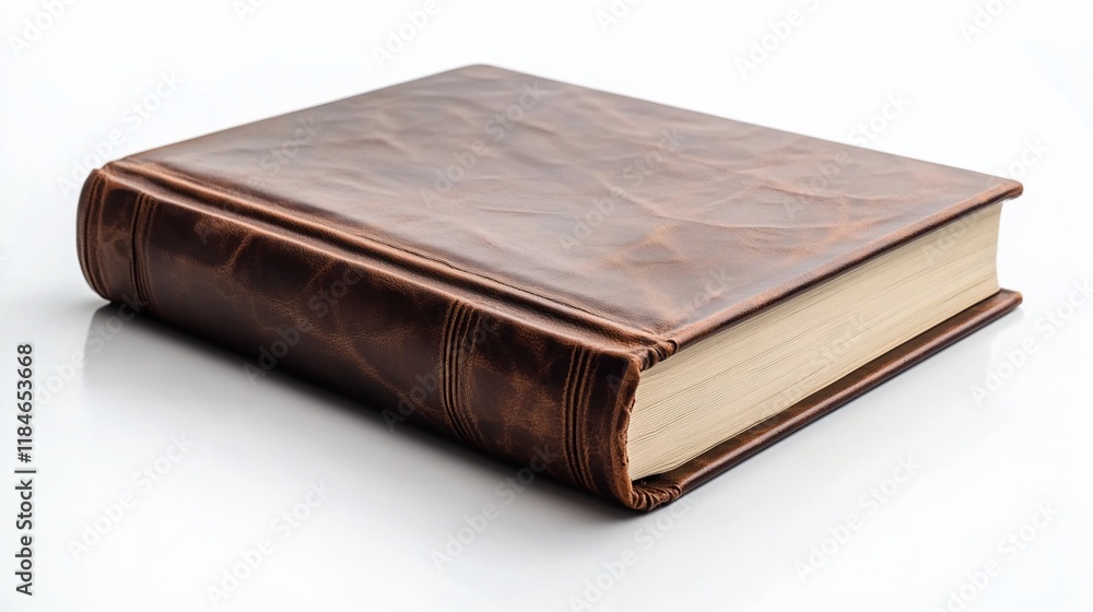 Thick brown leather-bound book isolated on white background. Thick brown leather-bound book isolated on white background.