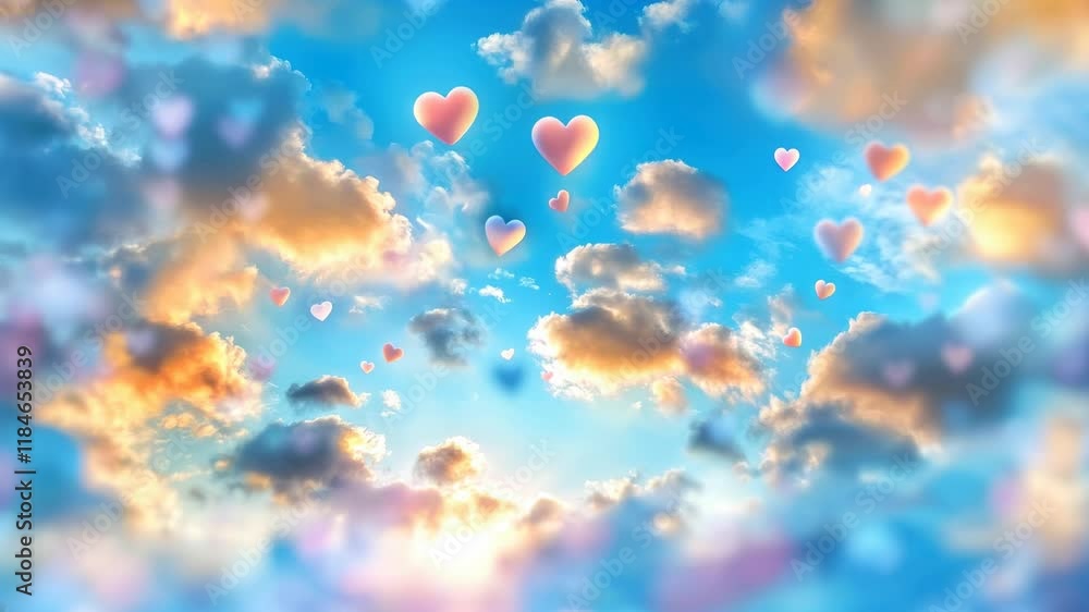 Soft glowing heart elements rise into vibrant blue sky with fluffy clouds, creating dreamy and enchanting atmosphere. Soft glowing heart elements rise into vibrant blue sky with fluffy clouds, creating dreamy and enchanting atmosphere.